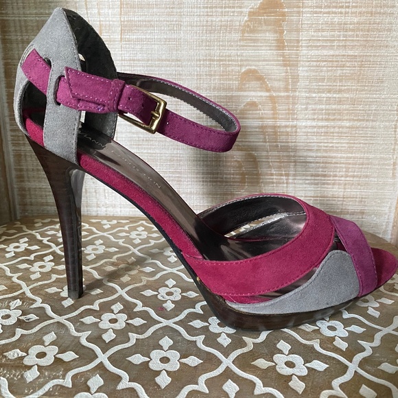 Shoes - Grey, Purple and Fuschia Suede Strappy Heels, Size 8